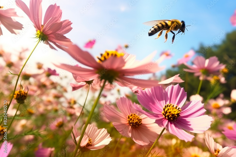 Bee flying over field of pink flowers with blue sky in the background. Bee flying over field of pink flowers with blue sky in the background.
