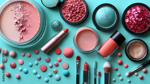 Une trousse de maquillage rose vue de dessus avec des produits de beauté, du rouge à lèvres, du vernis à ongles, du fard à paupières, des pinceaux, et des crèmes de beauté sur un fond turquoise  photo