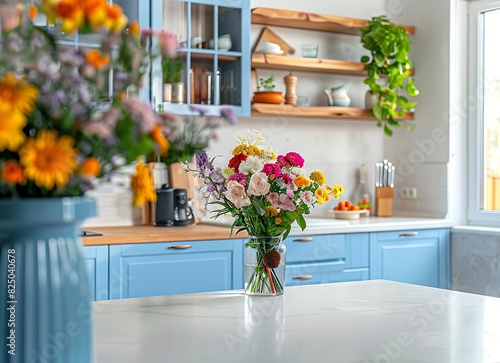 A blue kitchen with a white marble countertop