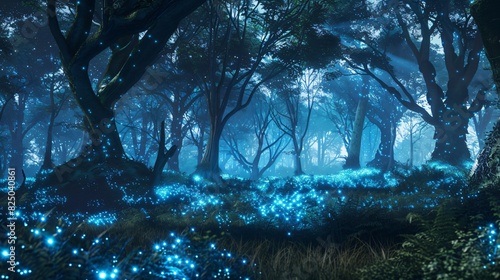 a night forest with many blue glowing mushrooms on the ground. © muheeb