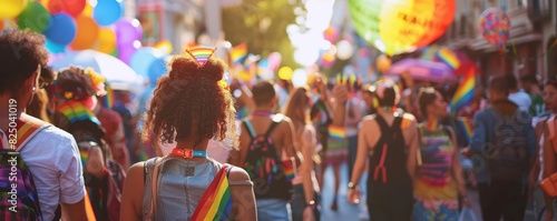 LGBTQ pride festival with diverse crowd, performers on stage, rainbow decorations, energetic vibe, urban setting, outdoor celebration, copy space. photo