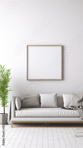 A minimalist living room with crisp white walls, a simple gray sofa, and a blank white frame mockup leaning against a white floating shelf.