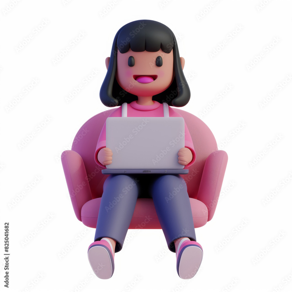 Girl sitting in a laptop in 3D style on a white background Girl sitting in a laptop in 3D style on a white background