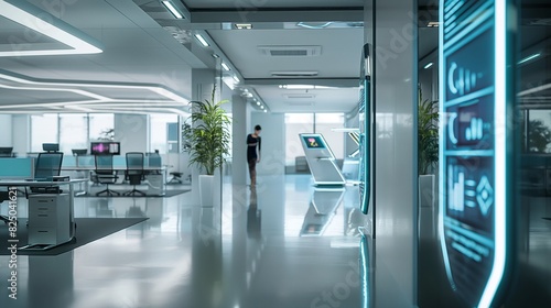 A futuristic office space with AI-enabled biometric security systems ensuring the safety and privacy of employees and sensitive information. 32k, full ultra HD, high resolution