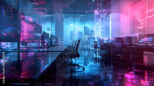Modern neon cyberpunk open space office interior blurred with information technology overlay. Corporate strategy for finance, operations, marketing. Tables computers technology AI digital data science photo