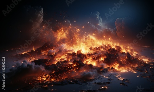 Massive Fire Pile Burning in Dark Night