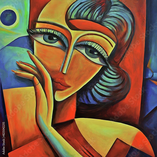 Abstract portrait of a female movie star with large eyes in a cubist world, one hand by her tilted face as if to confess a secret in confidence to a friend