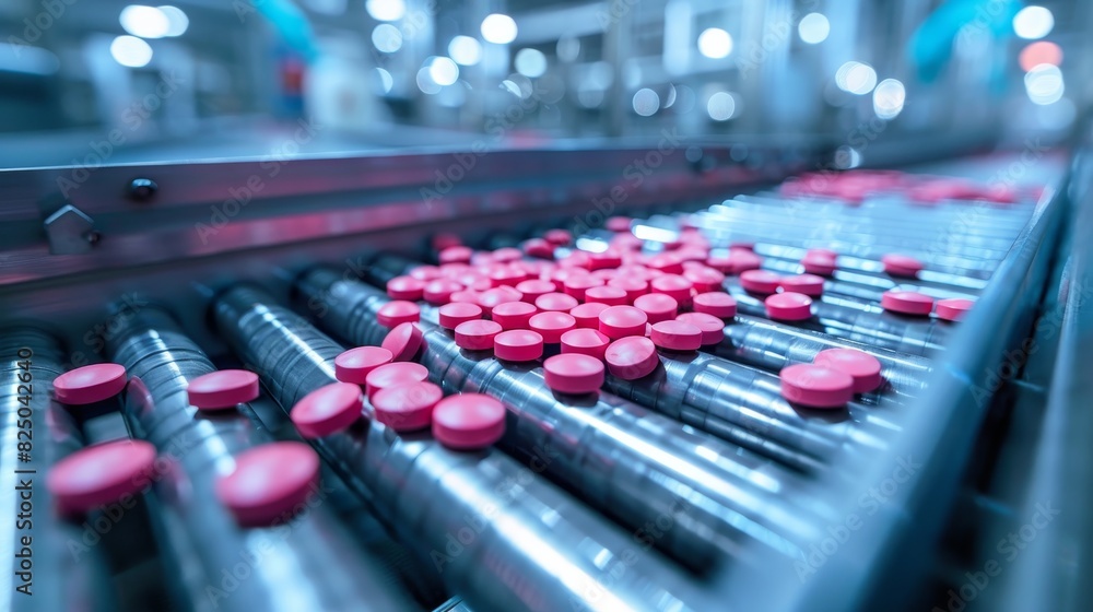 Pills being transported on a conveyor in a pharmaceutical facility, precise engineering, modern equipment Pills being transported on a conveyor in a pharmaceutical facility, precise engineering, modern equipment