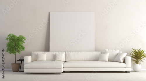 A minimalist living room with monochromatic white color scheme  featuring a low-profile white sectional sofa and a blank white frame mockup leaning against the wall.