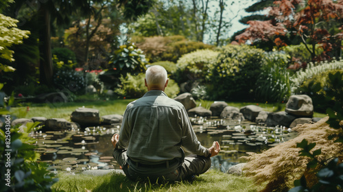 A senior individual meditating in a peaceful garden  finding tranquility and serenity in the moment.