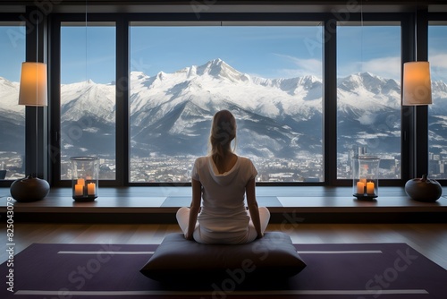 Woman Meditating in Yoga Studio with Panoramic Snowy Mountain Views, Candles, and Modern Design in Luxury Kitzbuhel Alps Hotel photo