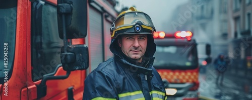 Firefighter in full gear, standing by fire truck, heroic pose, urban background, ready for action, community safety, copy space.