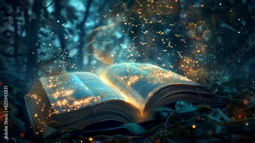 Night view, an open book with sparkling letters, a magical portal forming above, surrounded by twinkling fireflies