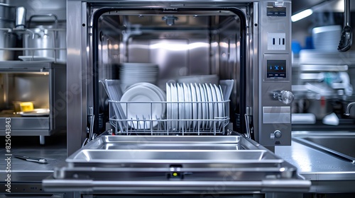 A commercial kitchen dishwasher machine with its door open, displaying clean plates and cutlery, highlighting the role of industrial cleaning equipment in food service settings.
