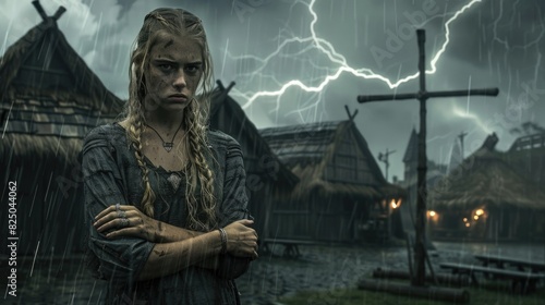 Viking Woman Warrior Standing in Rain with Thunderstorm Backdrop
