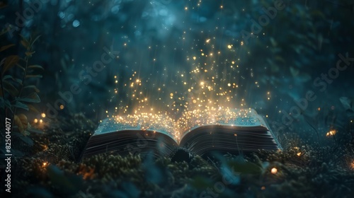 Night view, an open book with enchanted letters rising, forming a magical constellation, serene and magical ambiance