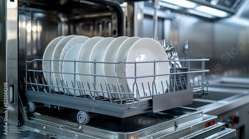 A commercial kitchen dishwasher machine with its door open, displaying clean plates and cutlery, highlighting the role of industrial cleaning equipment in food service settings.
