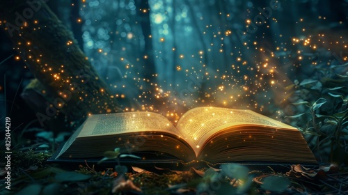 Night view, an open book glowing with ethereal light, magical words floating out, enchanted forest backdrop photo
