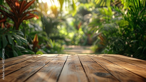 Empty wooden counter in an outdoor tropical garden  blurred lush plants behind  designed for natural and organic product presentation.