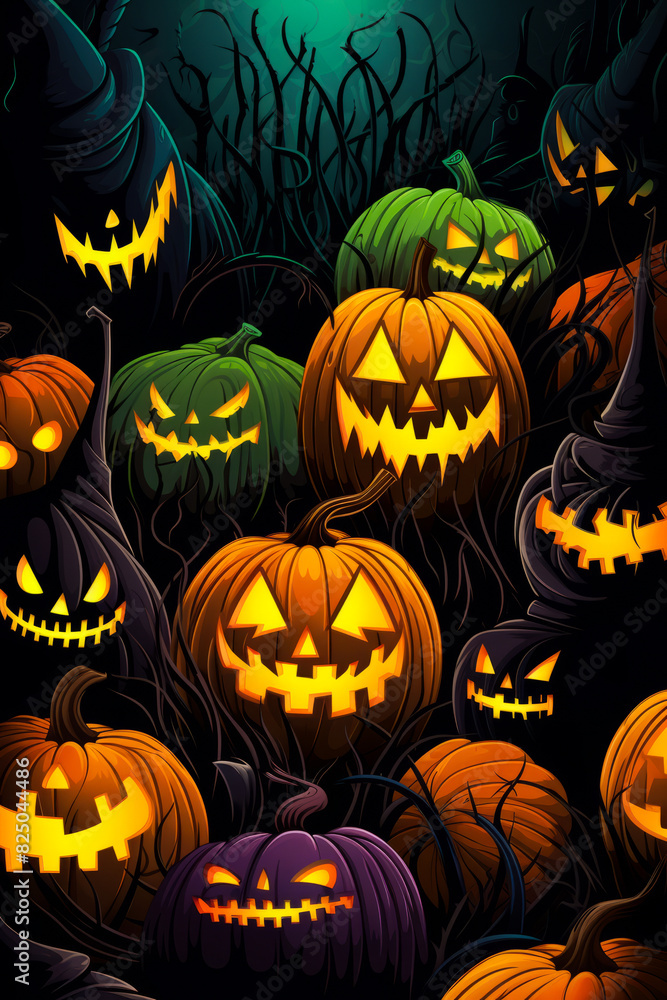 Group of pumpkins with glowing faces on them in field. Group of pumpkins with glowing faces on them in field.