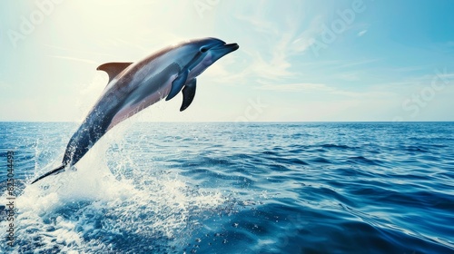 Graceful dolphin leaping out of the ocean  sparkling water  clear blue sky  dynamic movement  marine wildlife  freedom and joy  copy space.