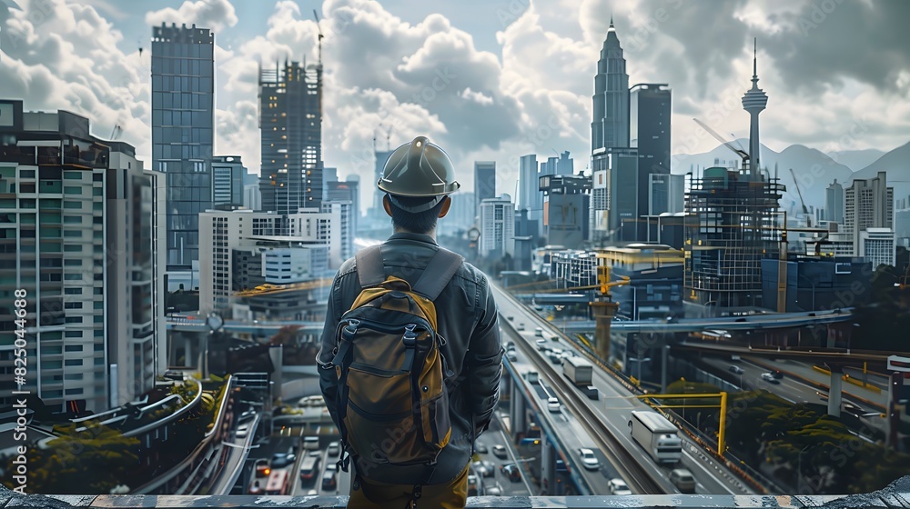 A construction engineer wearing a helmet is looking at the city skyline from an elevated platform, surrounded by modern buildings and busy streets below.
A construction engineer wearing a helmet is looking at the city skyline from an elevated platform, surrounded by modern buildings and busy streets below.