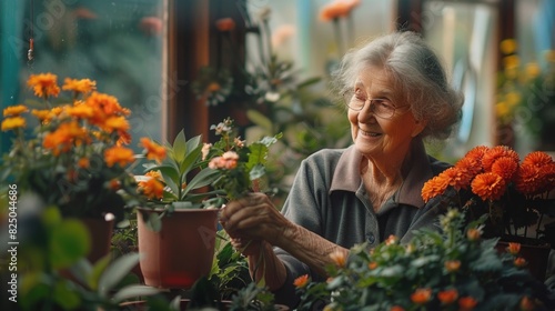 Elderly Woman Enjoying Gardening Among Vibrant Flowers © Anastasiia