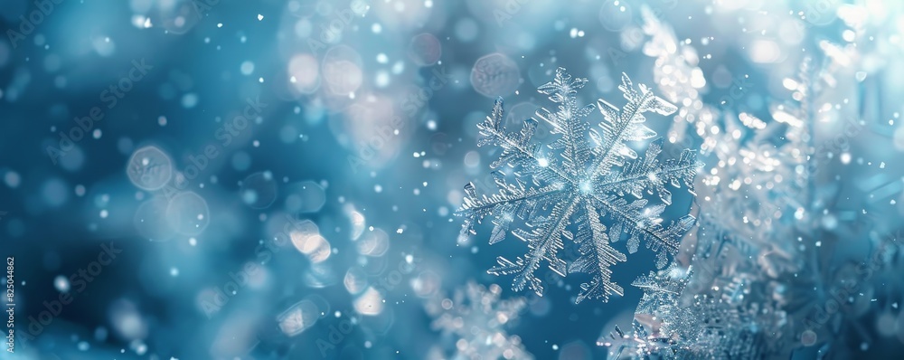 Fototapeta premium Macro shot of a detailed, intricate snowflake resting on a bed of snow with a sparkling, bokeh background.