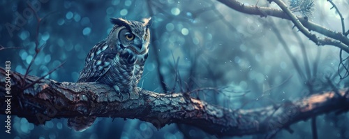 Wise owl perched on a tree branch, large eyes, detailed feathers, nighttime forest, moonlight casting shadows, mystical and serene, copy space. photo