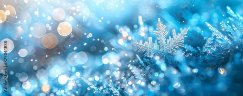 Macro shot of a detailed  intricate snowflake resting on a bed of snow with a sparkling  bokeh background.