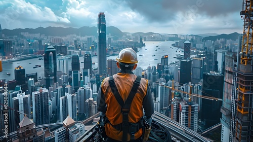 A construction engineer wearing a helmet is looking at the city skyline from an elevated platform, surrounded by modern buildings and busy streets below. 