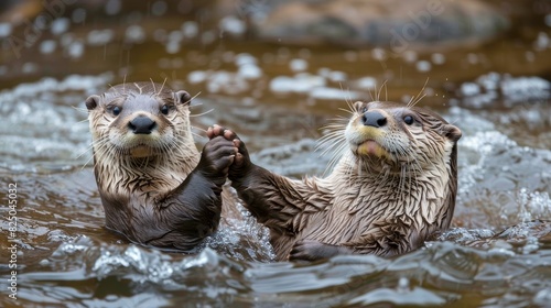Playful otters holding hands in a river, floating on their backs, natural habitat, clear water, cute and endearing, peaceful moment, copy space. © vlabcolor