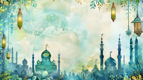 Detailed Eid al Adha Panorama with Mosques Lanterns and Sheep in Vibrant Watercolor Frame Design photo