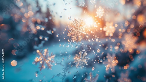 Snowflakes in the sunlight. Closeup of ice crystals on window glass, macro shot of frosty snowflake patterns in a winter landscape, abstract background with a blurred blue sky and bokeh lights. © saichon