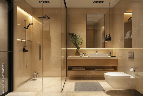 Bathroom interior, Minimalistic Italian design, Natural stone textures,