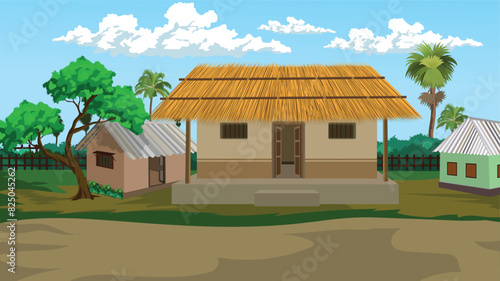 village house, rural Indian  straw  house and village road, Indian village, village landscape with hut, poor farmer house, A beautiful village with cowshed, Asian village scene