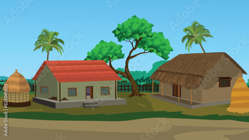 Indian village house with nature background. Asian village scene. Village farm house old Indian rural house, village house. Village hut. A beautiful village with cowshed, trees in the background