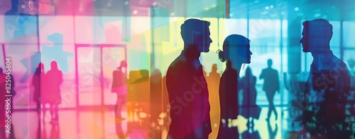 Double exposure of digital identity, a business man and woman standing in an office with people around them, in the style of abstract graphic design, colorful background, silhouette lighting, soft sha