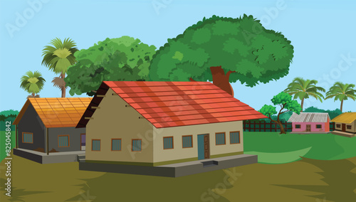 Indian village house with nature background. Asian village scene. Village farm house old Indian rural house, village house. Village hut. A beautiful village with cowshed, trees in the background