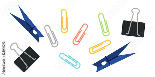 Collection Of Various Paper Clips On White Background, School Accessories Vector Illustration.	