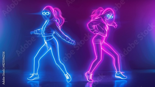 Two girls in neon colors dance energetically on a stage, with a transparent background © Prompt2image