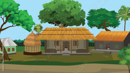 Indian village house background for cartoon animation landscape with village Village farm house, old Indian rural house