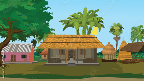 village hut landscape. Indian house in a village with roof made of straws and walls made of clay. farmer house background