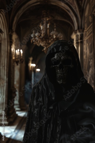 Hooded Skeleton in Ornate Gothic Hallway 