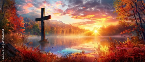The setting sun casts a warm glow on the tranquil lake and the cross standing on its shore.