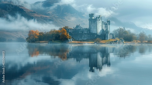 Serene Castle by the Misty Lake