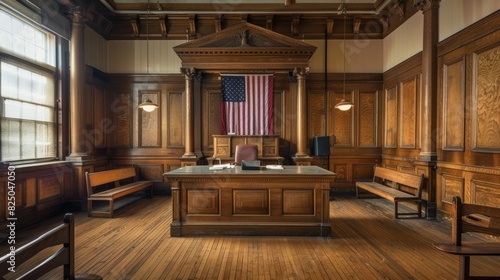Courtroom interior with empty jury box, wooden furniture, judges bench, American flag, legal setting, serious atmosphere, justice system, copy space. photo