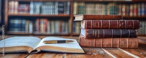 Law books stacked on lawyers desk, open notebook, pen beside, traditional office setting, legal research and writing, focused and detailed, copy space.