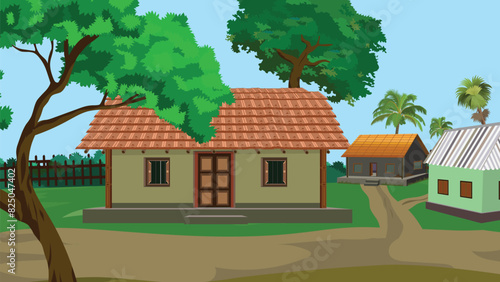 Indian village house with nature background. Asian village scene. Village farm house old Indian rural house, village house. Village hut. A beautiful village with cowshed, trees in the background