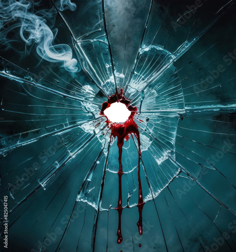 Broken glass with bullet hole and blood drips. Copy space available. Transparent PNG. Crime scene concept. Smoke wisp. Dark gritty background. Cinematic thriller.
